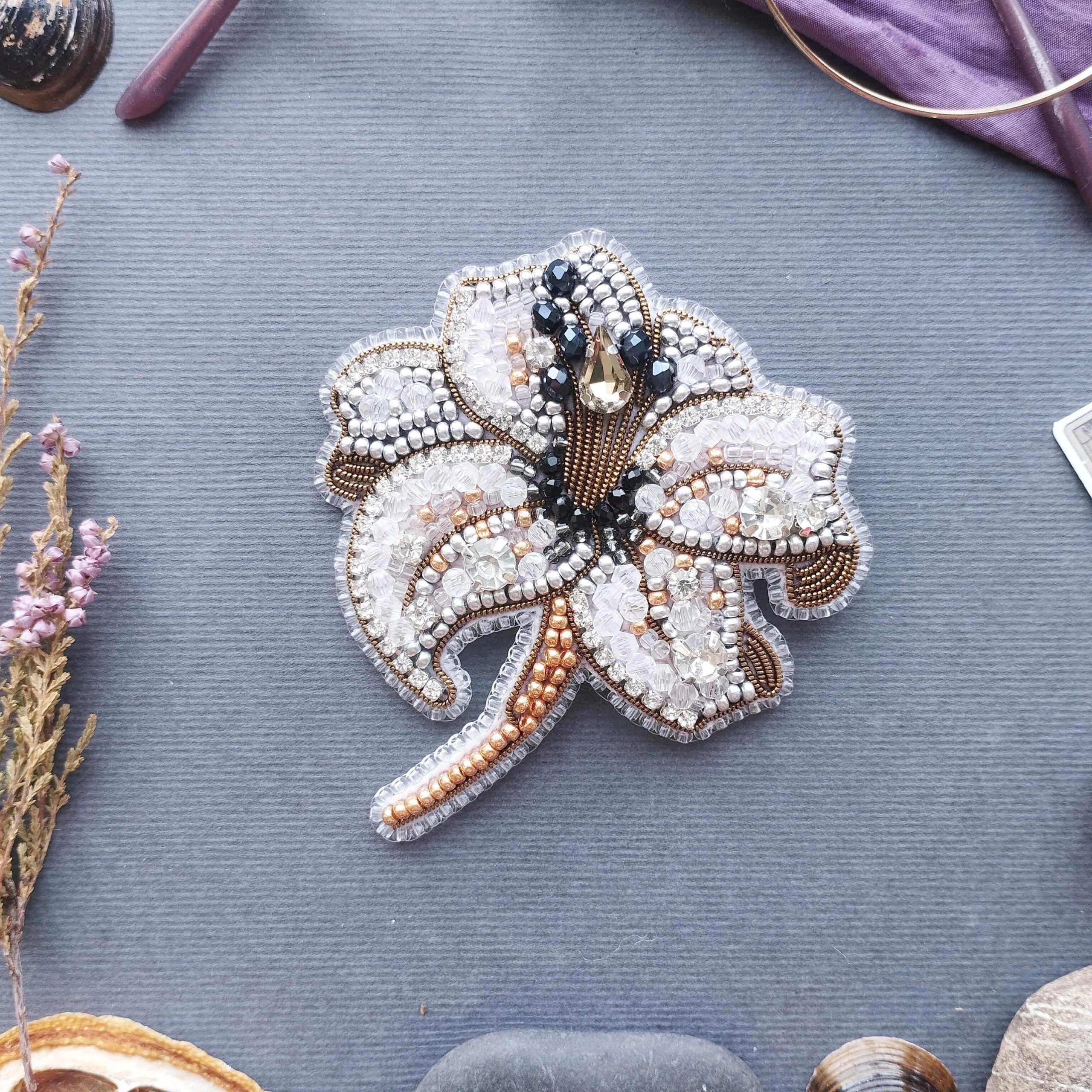 DIY Beaded Embroidery White Iris Brooch Kit