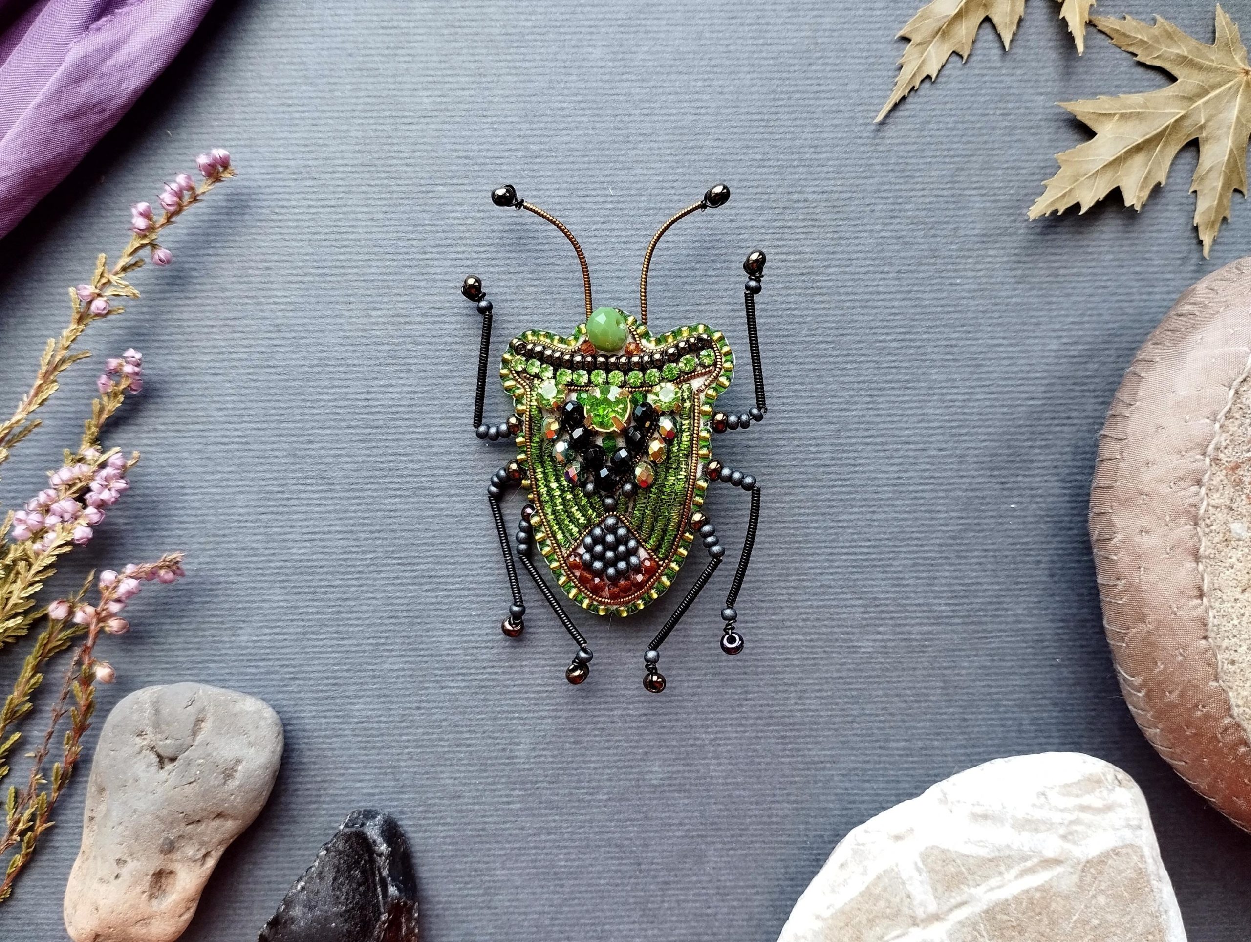 DIY Beaded Embroidery Green Shield Bug Brooch Kit