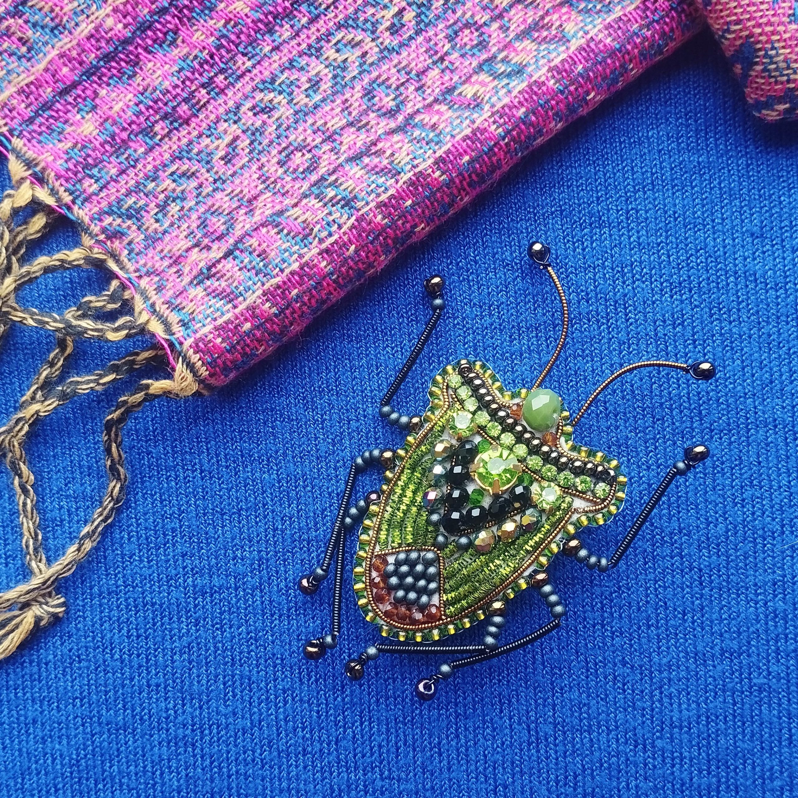 DIY Beaded Embroidery Green Shield Bug Brooch Kit - Image 5