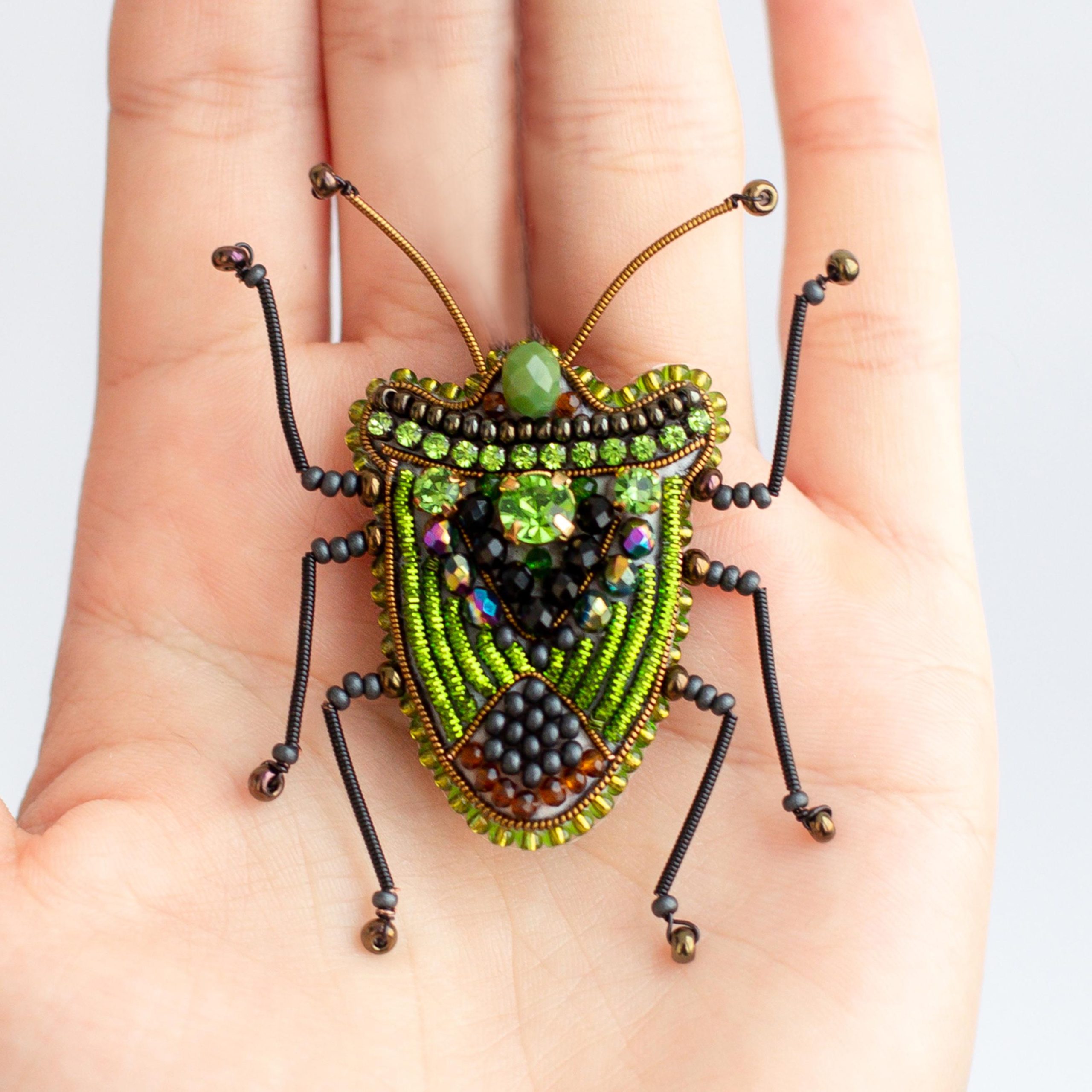 DIY Beaded Embroidery Green Shield Bug Brooch Kit - Image 4