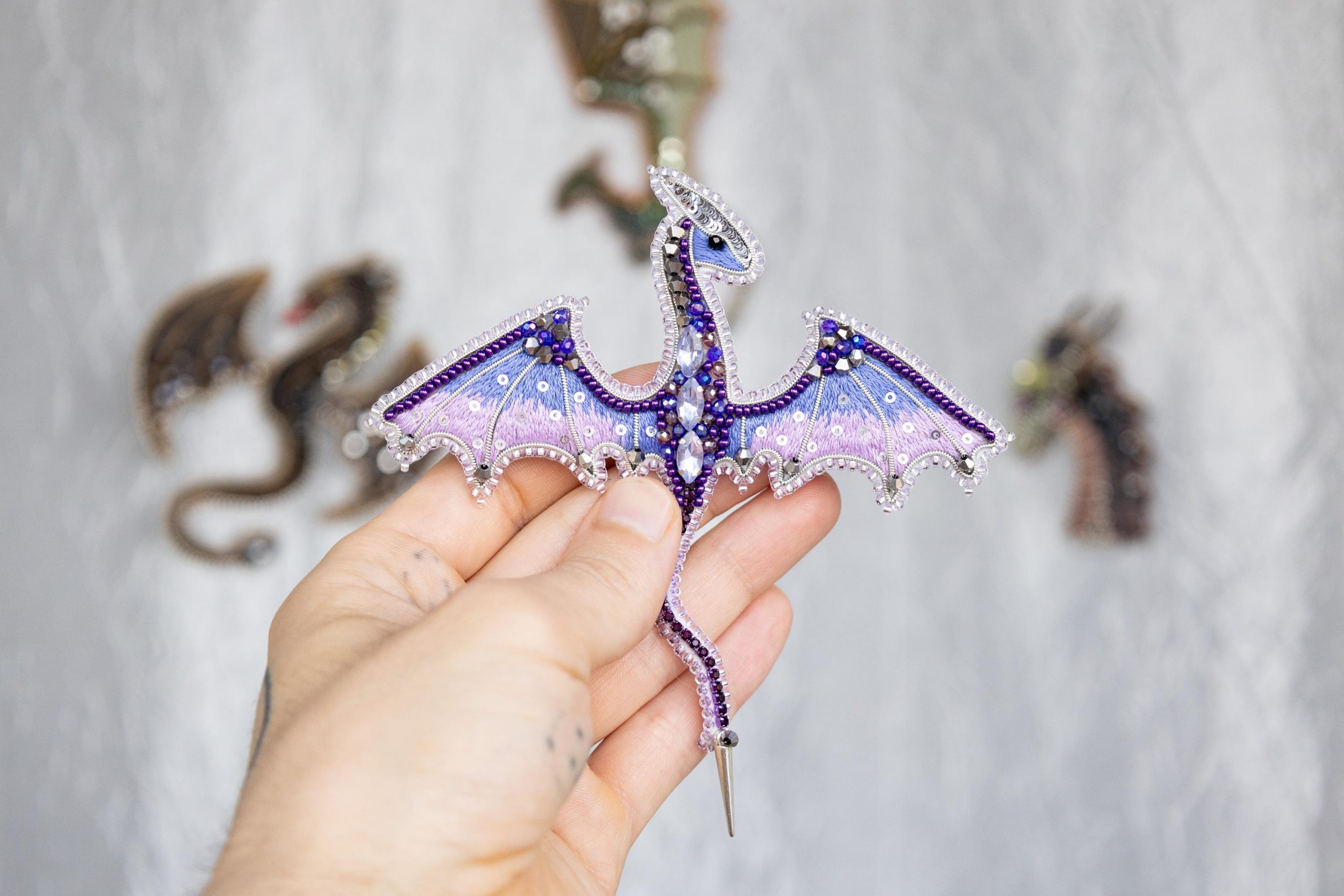 DIY Beaded Embroidery Purple Dragon Brooch Kit - Image 3