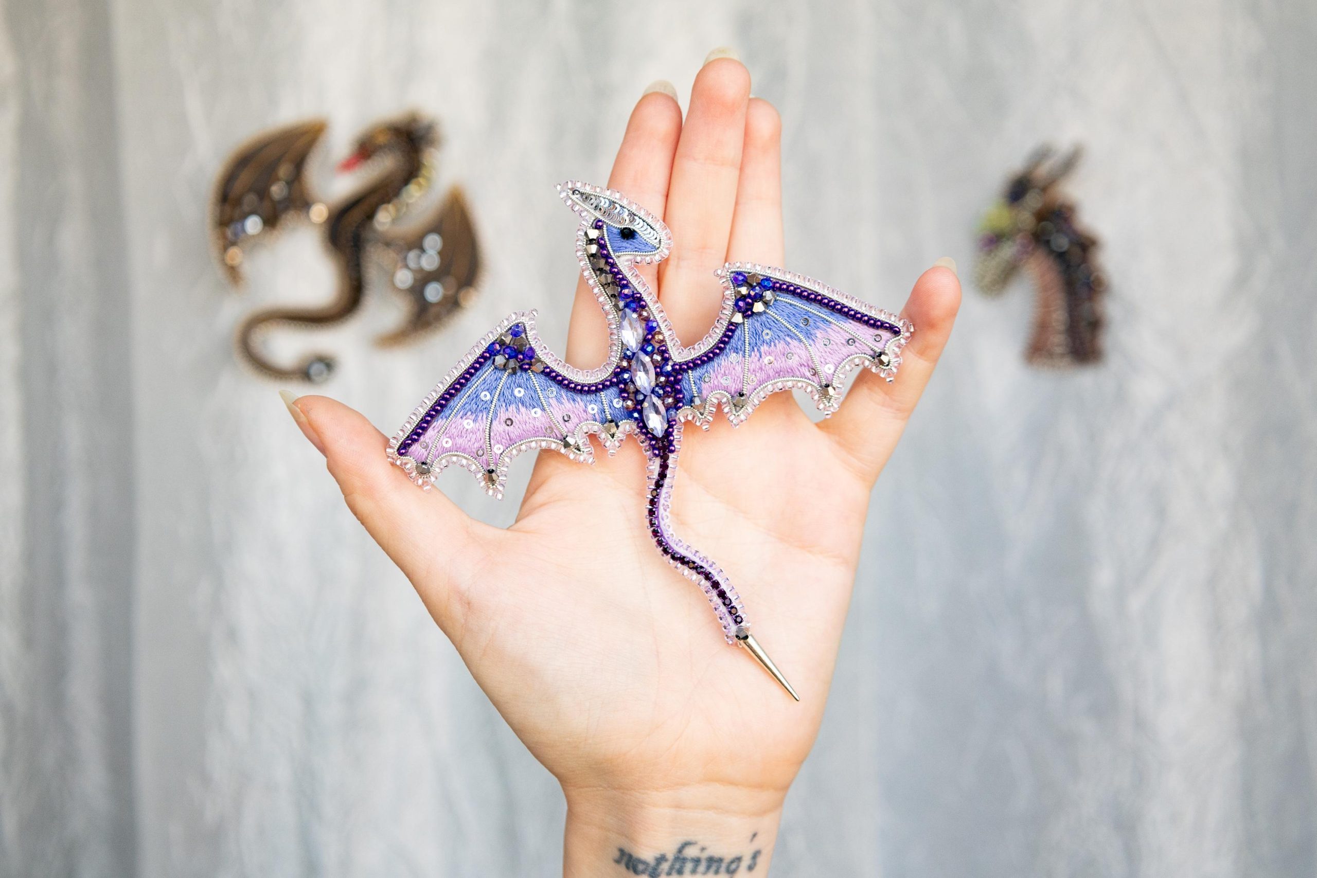 DIY Beaded Embroidery Purple Dragon Brooch Kit - Image 6