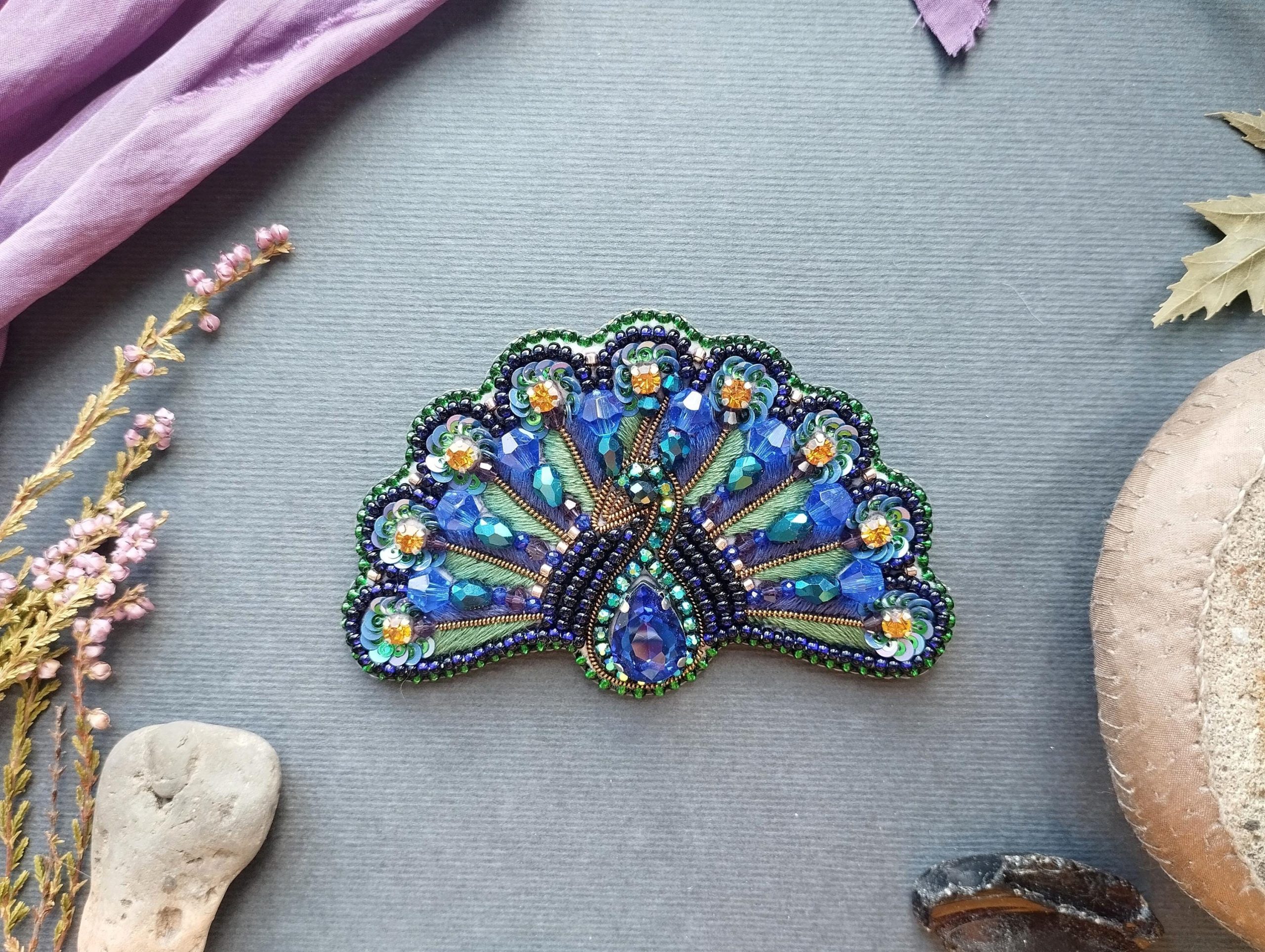DIY Beaded Embroidery Peacock Tail Brooch Kit - Image 2