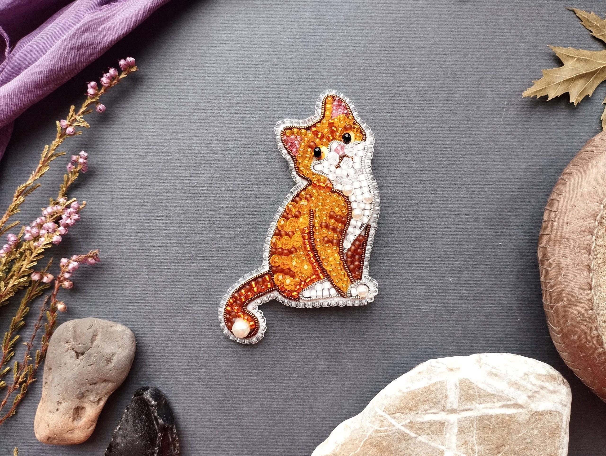 DIY Beaded Embroidery Ginger Cat Brooch Kit